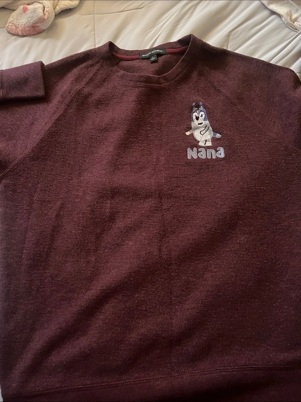 Banana Republic Maroon Crewneck Sweater with Embroidered Character